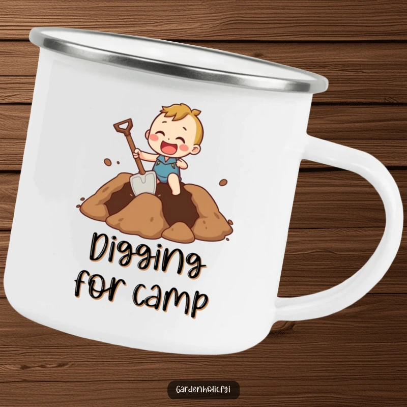 Funny Camping Mug of a person excitedly digging a giant hole with a comically small shovel, perfect for adventurous humor.