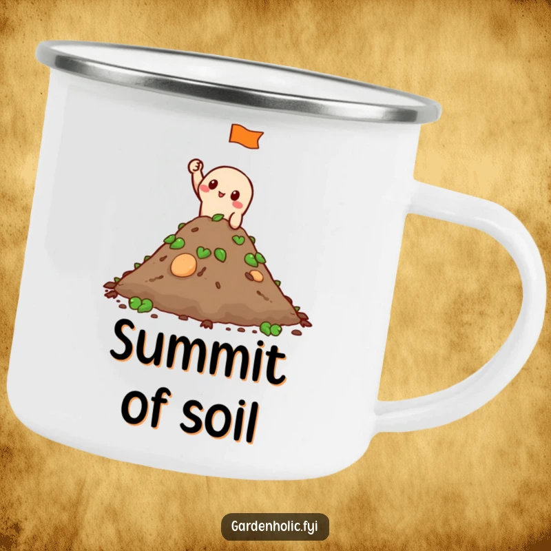 Funny Camping Mug: A character waves a tiny flag from a compost pile, perfect for outdoor enjoyment and humor.