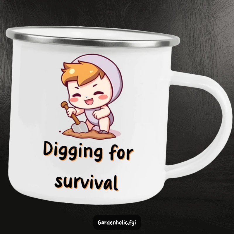 Funny camping mug showing a character grinning determinedly while digging a tiny hole with a trowel, ready for adventure.