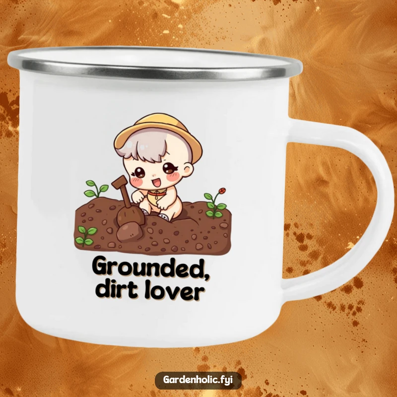 Funny Camping Mug: Cute character digging energetically in soil, perfect for outdoor enthusiasts and gardeners, an amusing funny gift.
