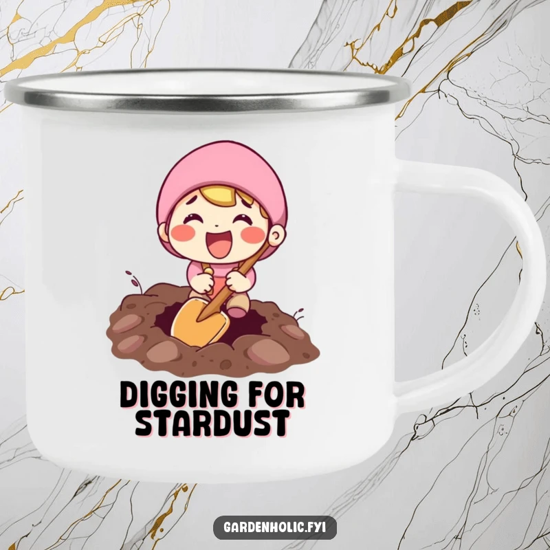 Funny enamel camping mug with an excited character digging with a tiny shovel, perfect for outdoor enthusiasts and adventurers.