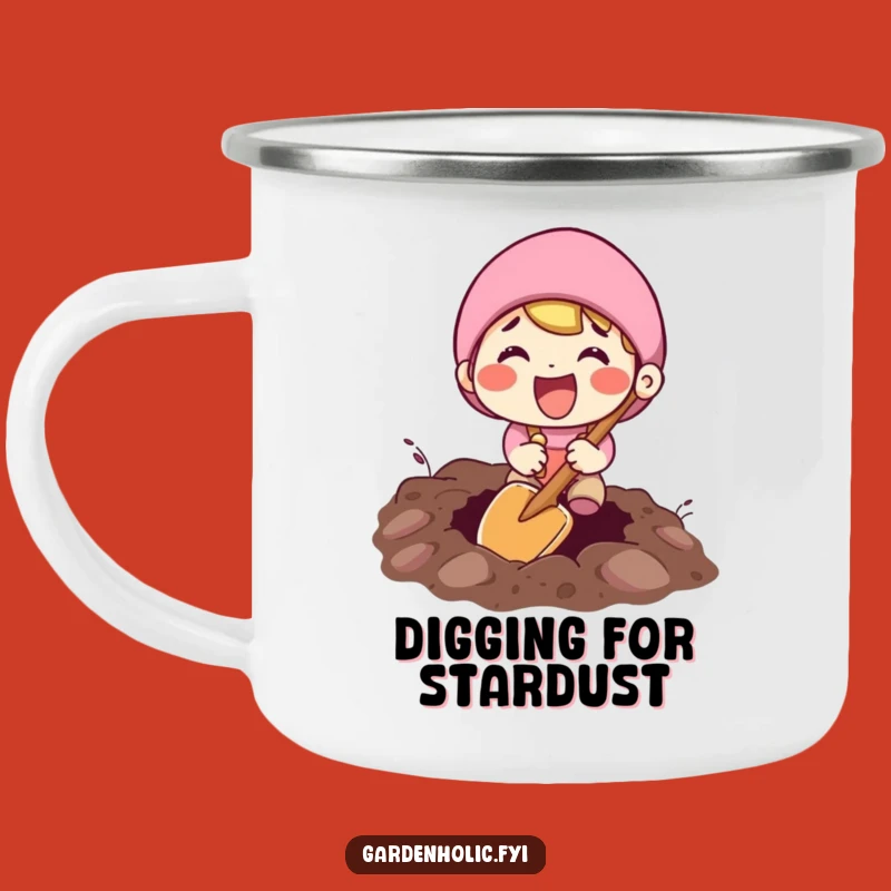 Funny Digging Camping Mug: Excited Character with Tiny Shovel for Outdoor Fun
