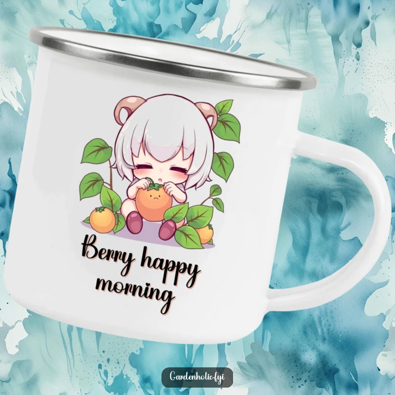 Funny camping mug: Cute character intensely focused, gently tending to a tiny fruit, perfect for camping.