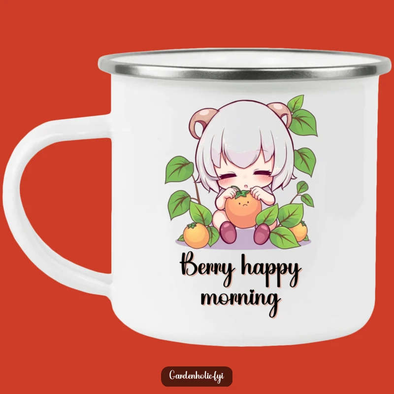 Funny Gardener Camping Mug: Focused Character's Tiny Fruit Camp Cup