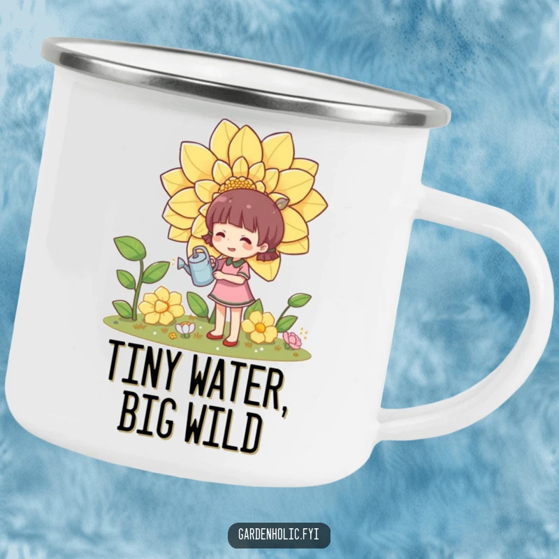 Funny camping mug with a character happily watering a huge flower with a small watering can, celebrating nature.