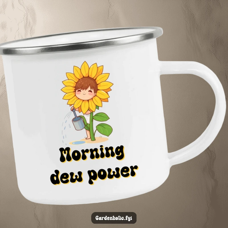 Funny camping mug showing a small, joyful character watering a giant sunflower, ready for outdoor fun.