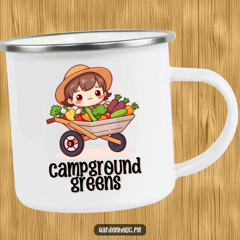 Funny Camping Mug: Character beaming, holding a wheelbarrow full of vegetables, perfect for outdoor adventures and gardening, a funny gift.