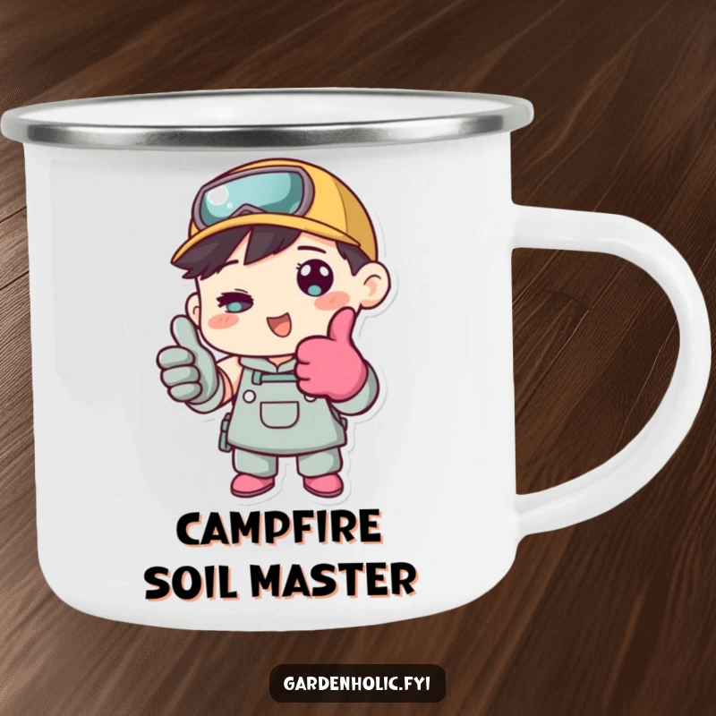 Funny camping mug featuring a character in gardening gloves giving a thumbs up, perfect for outdoor enjoyment and garden appreciation.