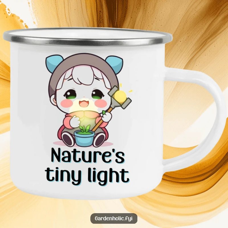 Funny camping mug with a cheerful character holding a small, luminous gardening tool, perfect for outdoor gardening enthusiasts.