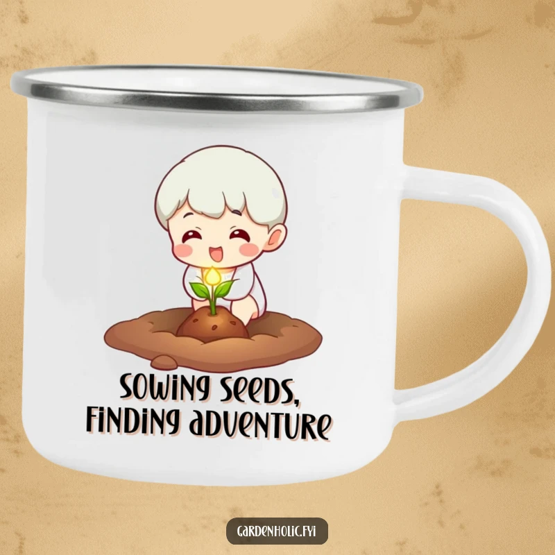 Funny Camping Mug: Character excitedly planting a tiny, glowing seed, ideal for outdoor drinks and a humorous touch of magic.