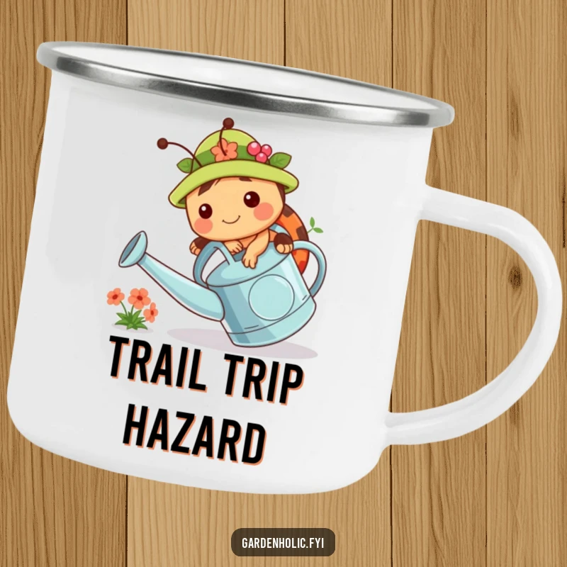 Funny camping mug depicting a chubby ladybug in a gardening hat, tripping over a watering can. Outdoor gear for gardeners.