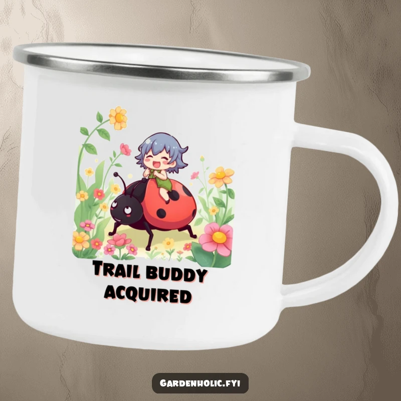 Funny camping mug featuring a gleeful character riding a giant ladybug in a garden, perfect for rugged, humorous adventures.