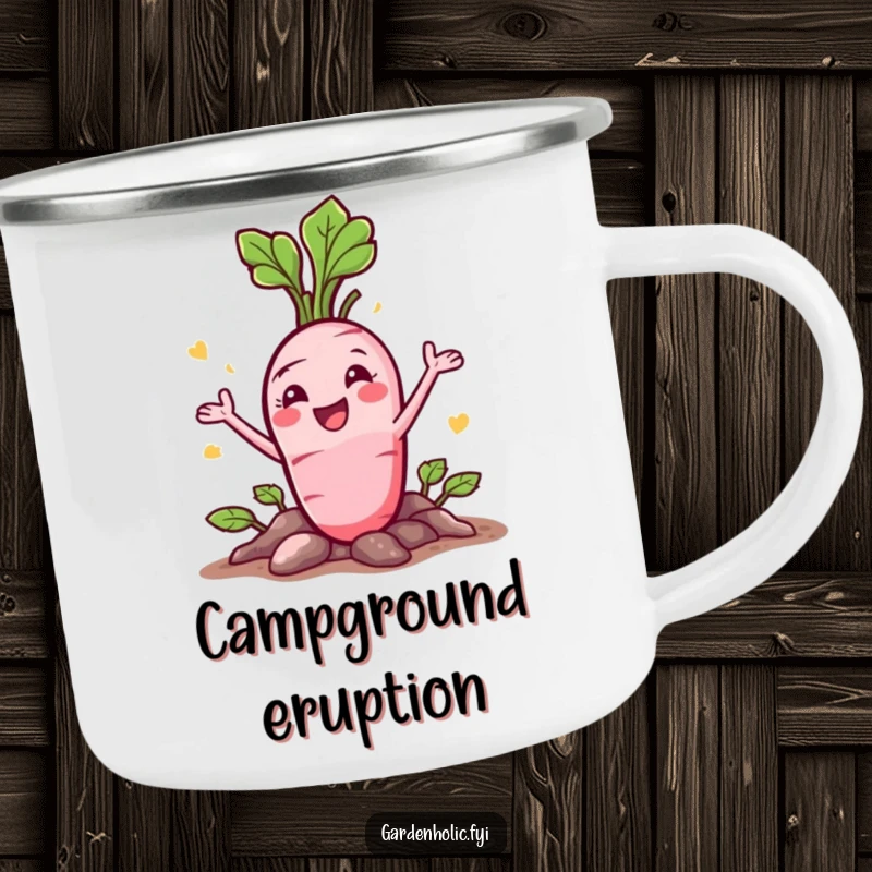 Funny Radish Camping Mug: A happy character bursting from the ground with a flourish, for outdoors.
