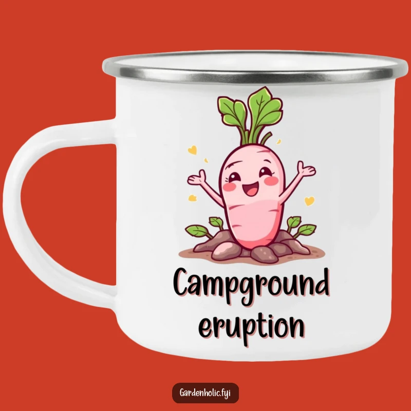Funny Radish Camping Mug: Happy Veggie Bursting, Outdoor Funny Gift