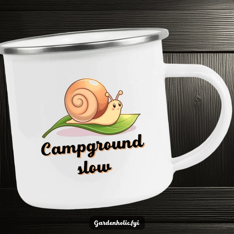 Funny Snail Camping Mug: A cute character leaving a shimmering trail across a leaf, for outdoors.