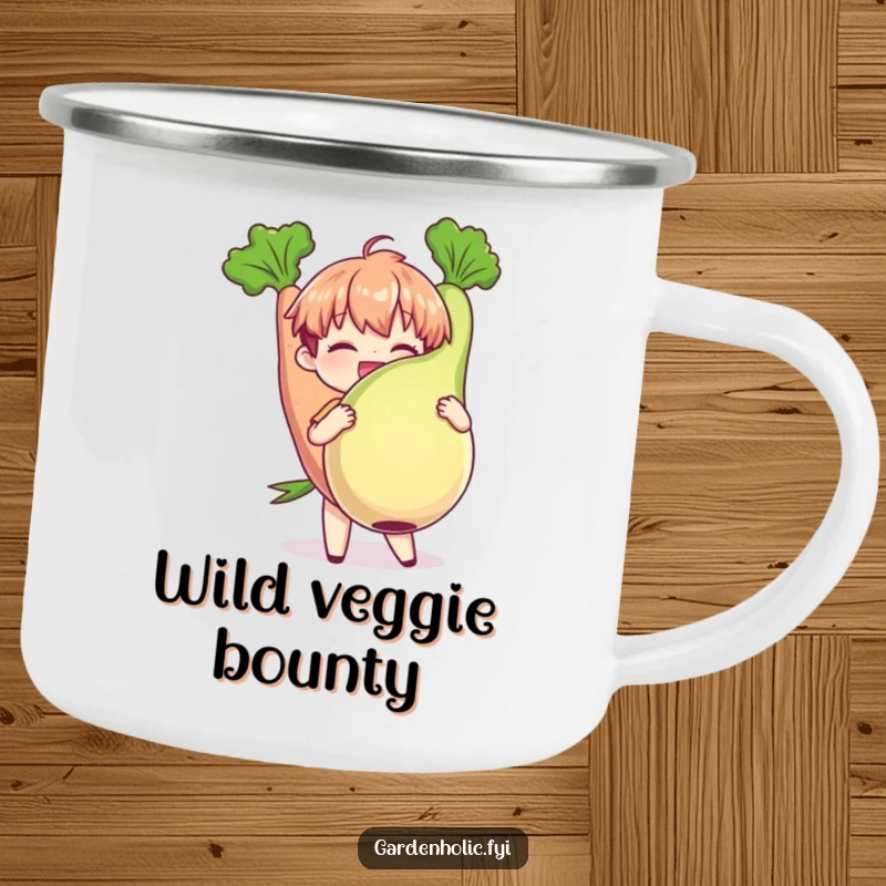 Funny Camping Mug: Character joyfully holding a plump, oversized vegetable, perfect for outdoor adventures and garden lovers, a great funny gift.