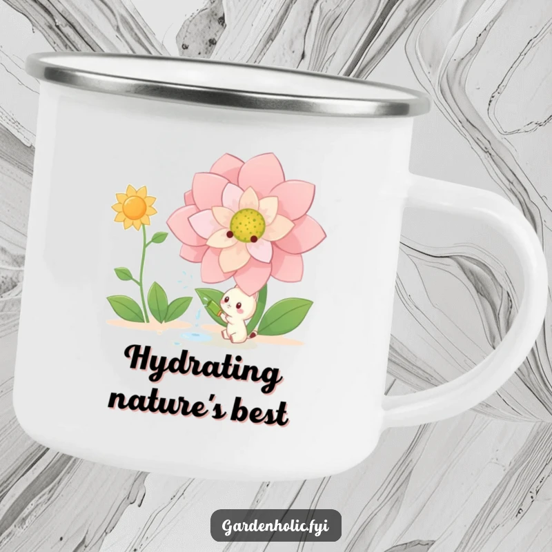 Funny Camping Mug: Small creature happily watering a giant blooming flower, ideal for outdoor adventures and garden lovers, a great funny gift.