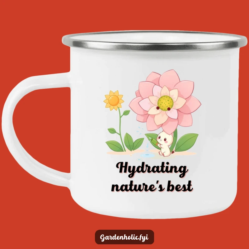 Funny Watering Camping Mug: Creature Giant Flower Adventure, Humorous Outdoor Gift!