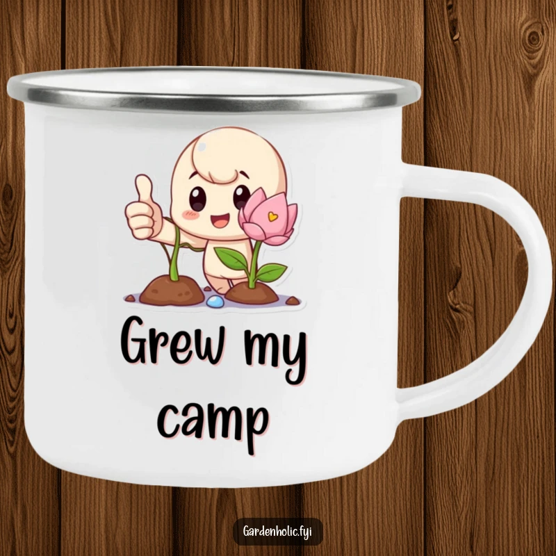 Funny Camping Mug with a proud character giving a thumbs up next to a blooming sprout, perfect for outdoor achievements.