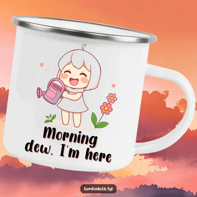 Funny camping mug featuring a cute character joyfully watering a small blooming flower with a tiny watering can, ideal for outdoor adventures.