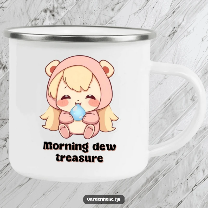 Funny camping mug with a happy character carefully cradling a tiny, shimmering dewdrop, perfect for outdoor serenity.