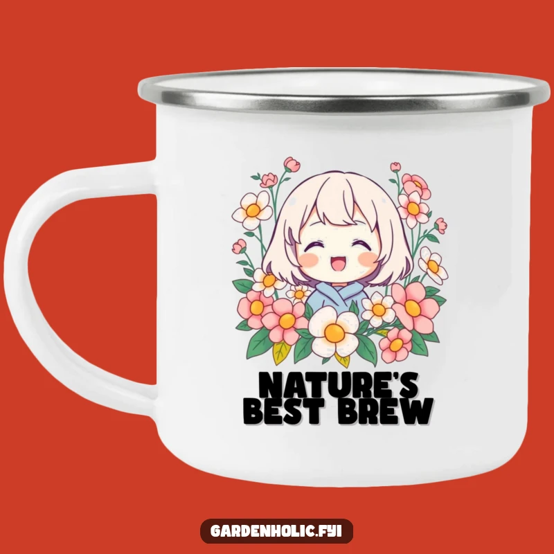 Funny Flower Camping Mug: Beaming Character in Blooms, Outdoor Joy