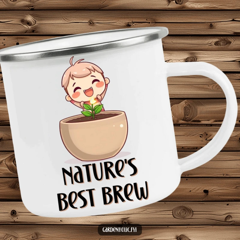 Funny camping mug depicting a cute character joyfully planting a tiny, sparkling seed in a large pot, celebrating outdoor growth.