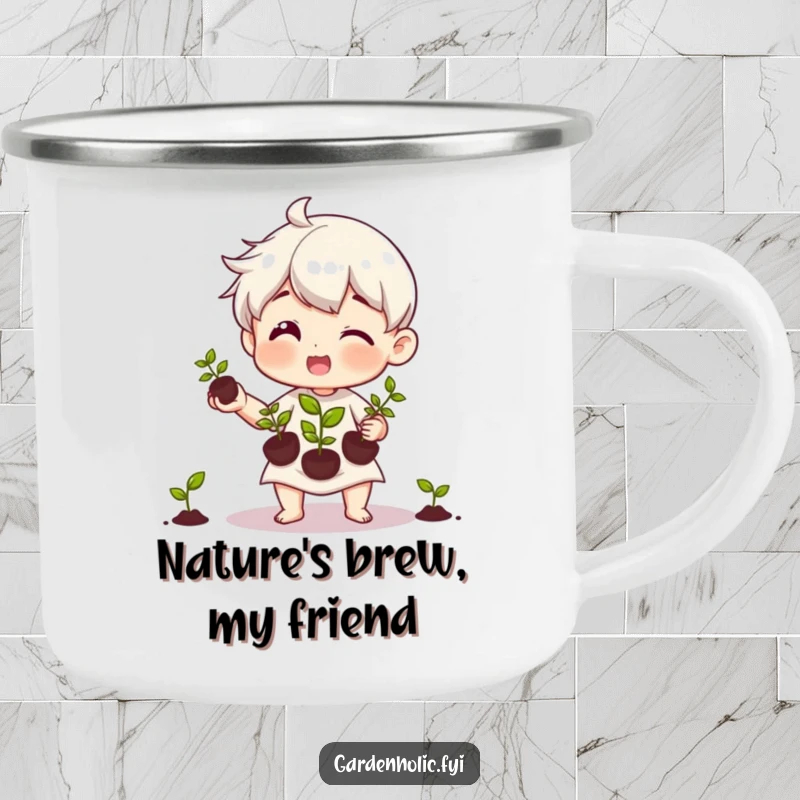 Funny camping mug featuring a character happily juggling three tiny seedlings, brings garden cheer to outdoor adventures.