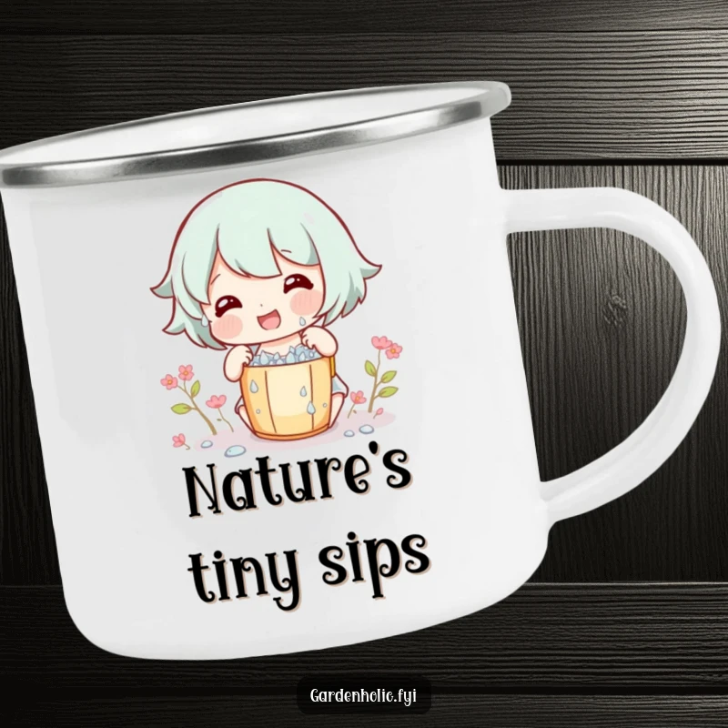 Funny Camping Mug with a gleeful character collecting dew drops in a small bucket, perfect for nature appreciation.