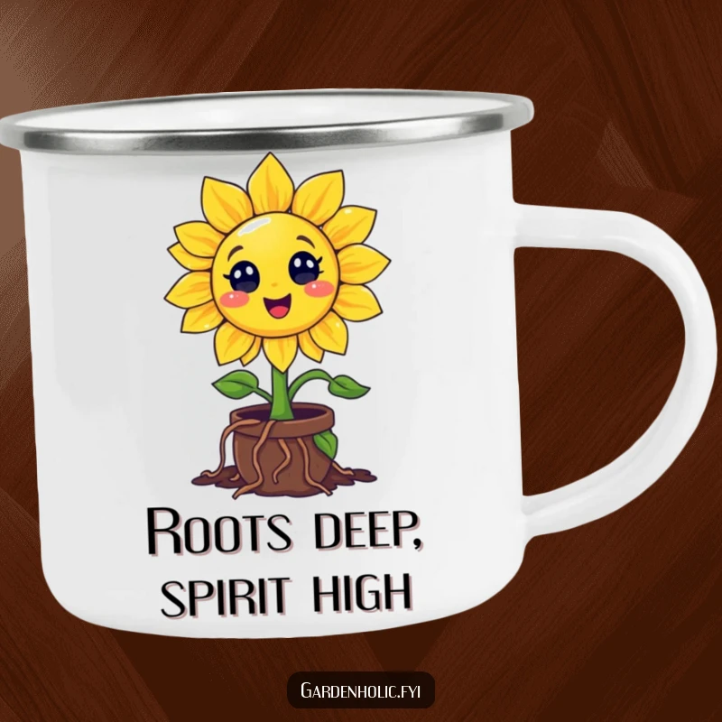 Funny Sunflower Camping Mug: Character Enthusiastically Digging Roots into a Tiny Pot, Humorous Outdoor Drinkware