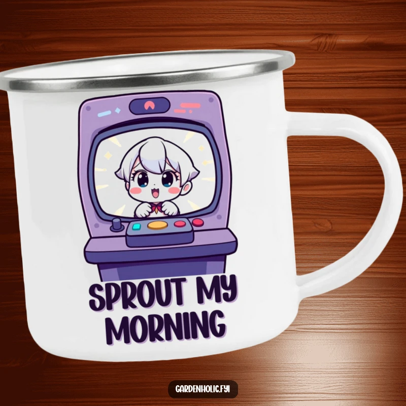 Funny camping mug: Charming character with surprised delight at a sprouting seedling, perfect for outdoor gardening.