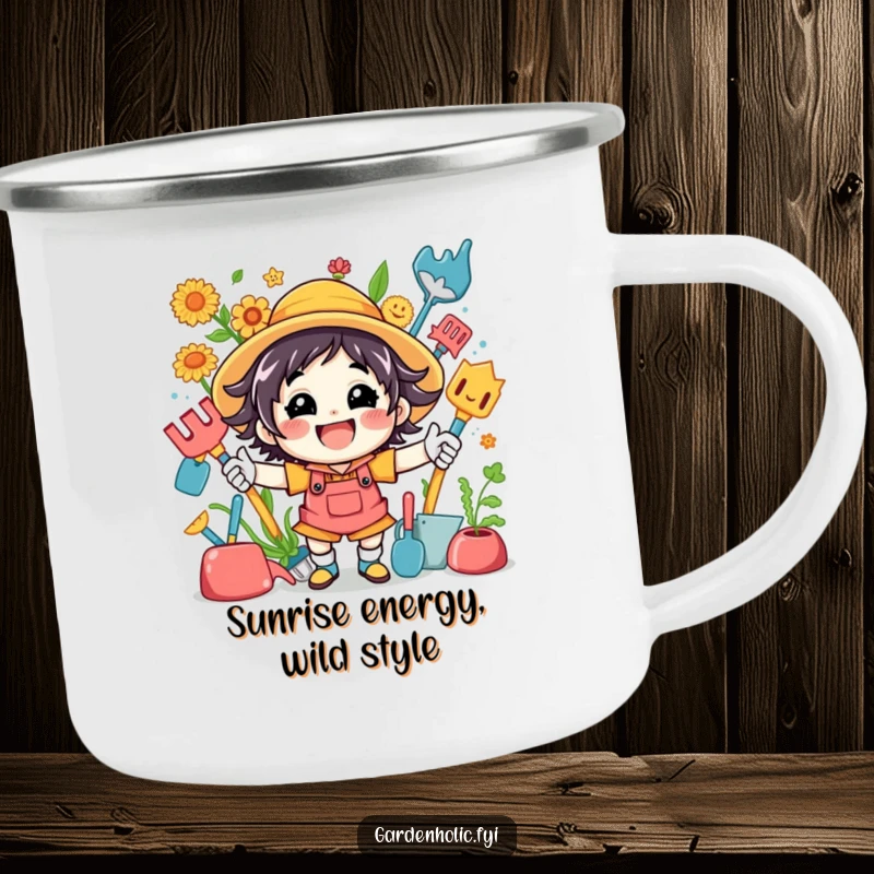 Funny camping mug featuring a jubilant, energetic character surrounded by an assortment of colorful gardening tools, ideal for outdoor use.