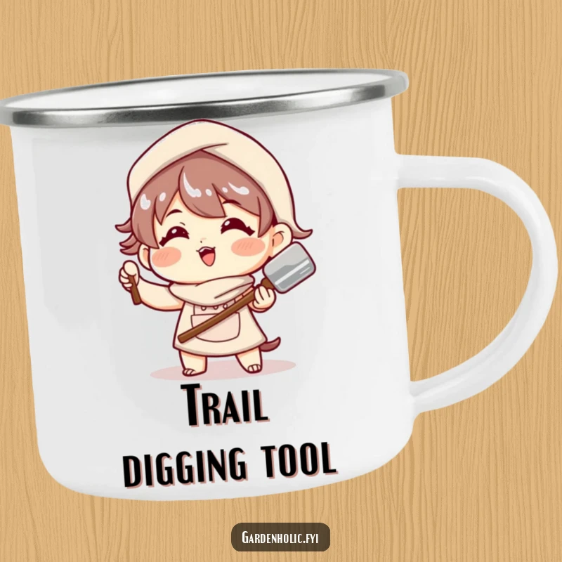 Funny Camping Mug: A character strikes a playful pose with a shiny trowel, perfect for outdoor fun and humor.
