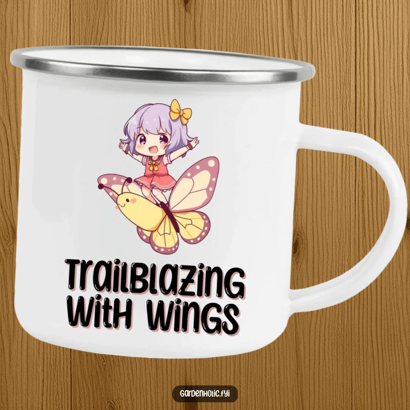 Funny Camping Mug: Character joyfully balancing on a playful butterfly, ideal for outdoor drinks and a humorous touch of whimsy.