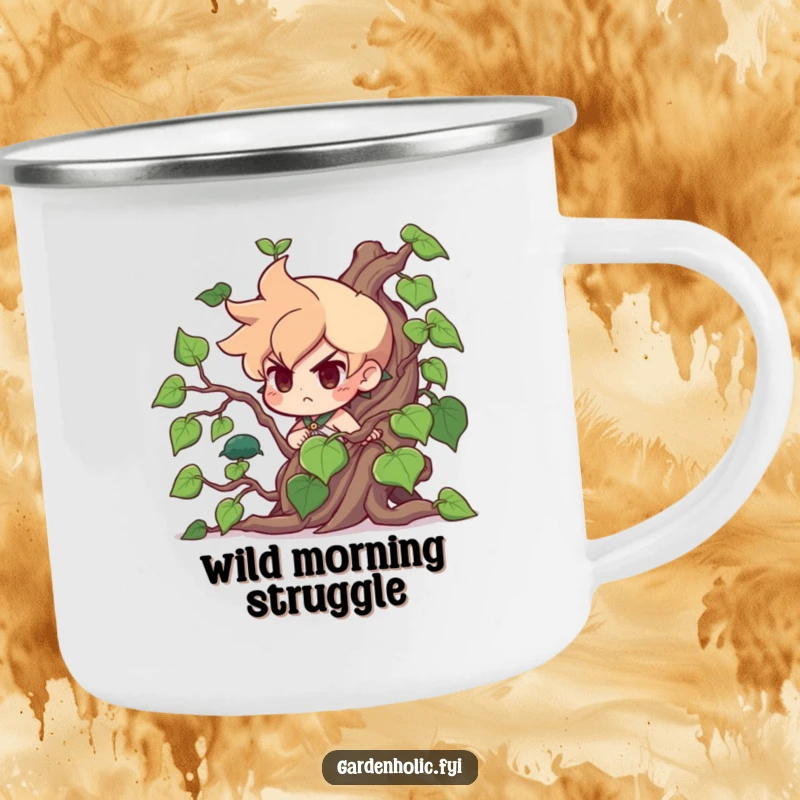 Funny Camping Mug: A determined character humorously battles a massive, untamed vine during an outdoor adventure. Perfect funny gift.