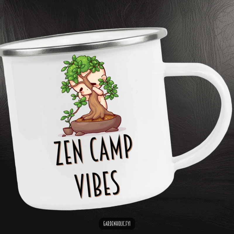 Funny camping mug with a playful character intensely focused on pruning a miniature bonsai tree, perfect for outdoor use.