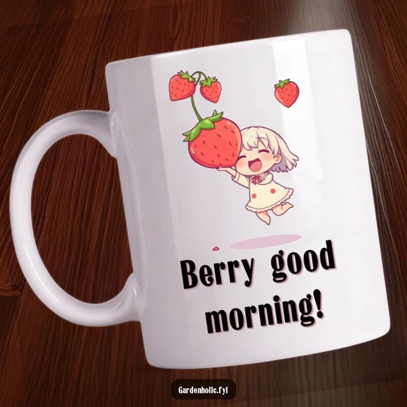 Funny mug showing a character joyfully catching a comically oversized strawberry, expressing pure delight.
