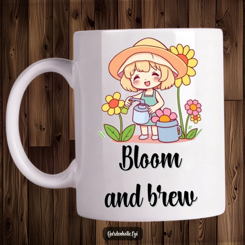 Funny mug of a cute character in a sunhat happily watering a ridiculously oversized flower, spreading cheer and garden vibes.