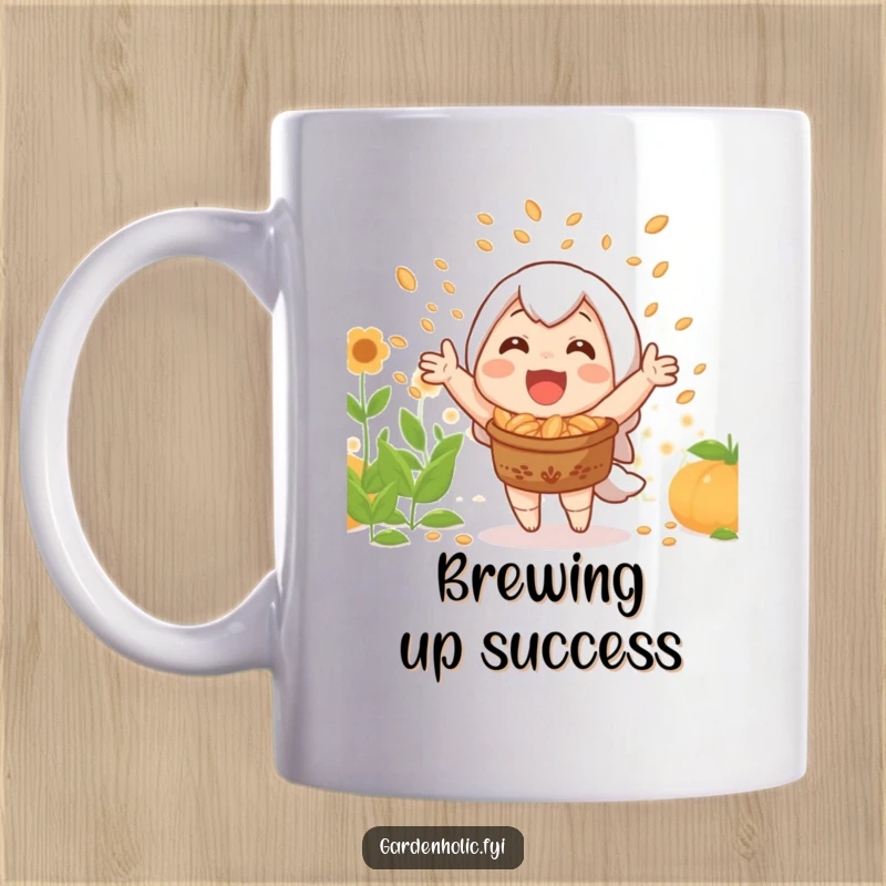 Funny mug showing a joyful character celebrating a rich harvest with a delightful shower of seeds.