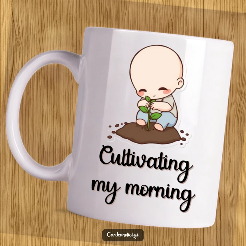 Funny Mug: Tiny being carefully planting a seed, symbolizing hope, growth, and gentle care with a humorous touch.