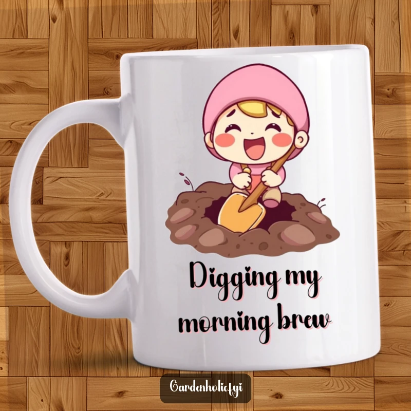Funny mug featuring an excited character joyfully digging a hole with a tiny shovel, full of enthusiasm and fun.