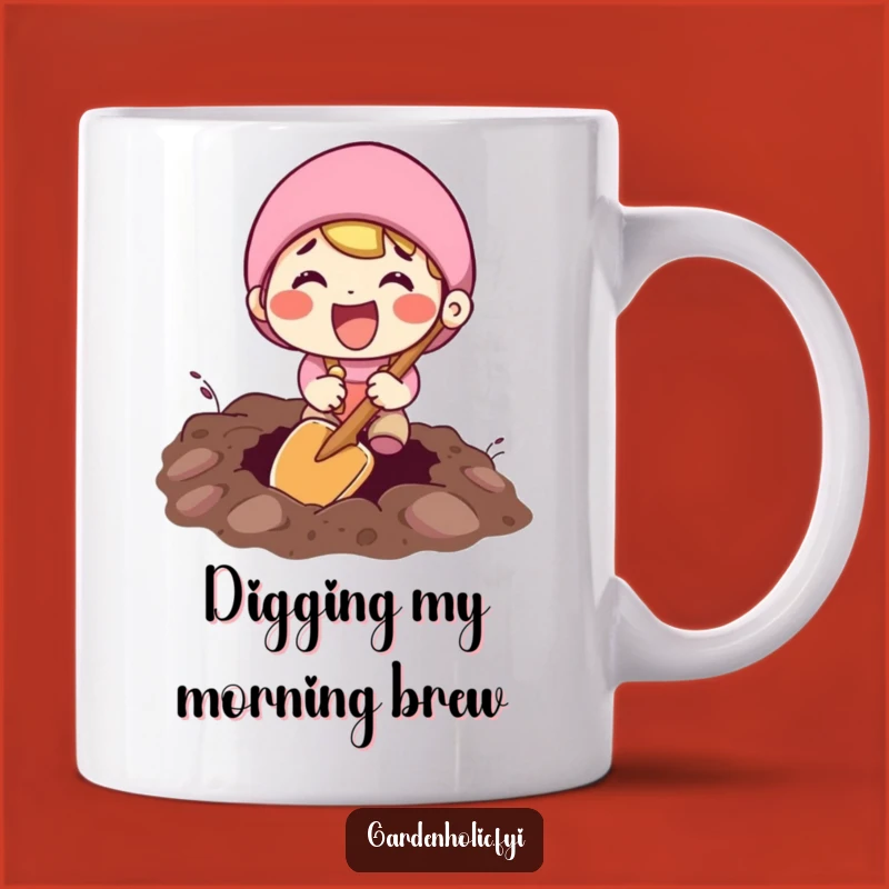Funny Digging Mug: Excited Character with Tiny Shovel, Perfect Humorous Gift
