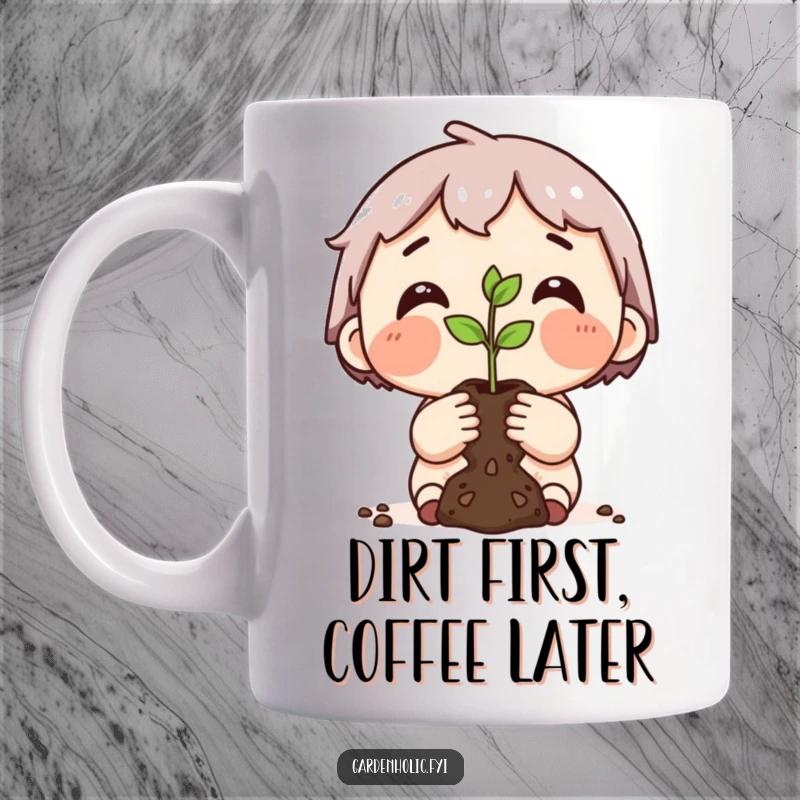 Funny mug of a dirt-smudged character beaming with pride while holding up a tiny, newly planted seedling.