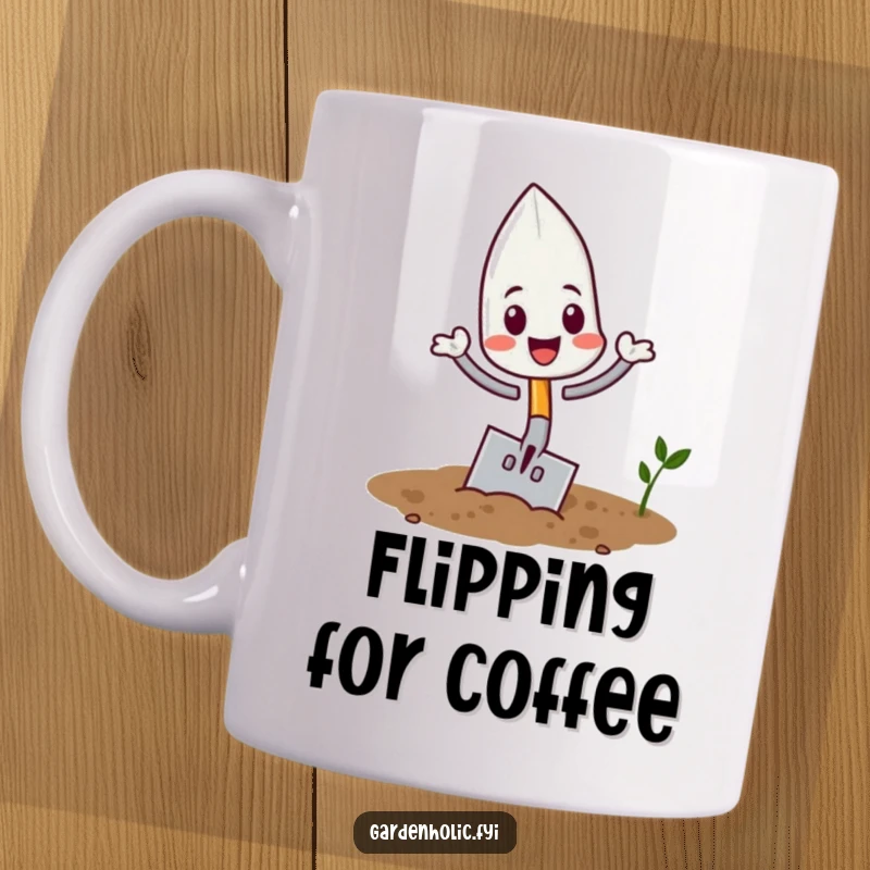 Funny playful trowel character doing a happy flip in the soil on a mug, a fun gardening gift.