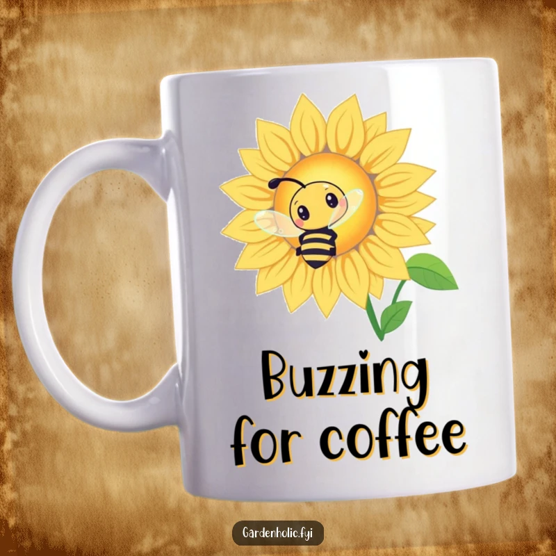 Funny Bee Sunflower Mug: A curious bee buzzing around a giant glowing sunflower, celebrating nature.