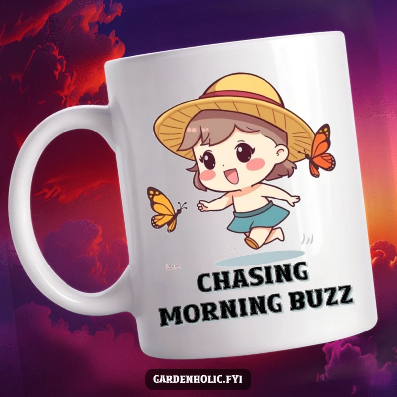 Funny mug of a character wearing a straw hat, excitedly chasing a playful butterfly, depicting carefree fun.