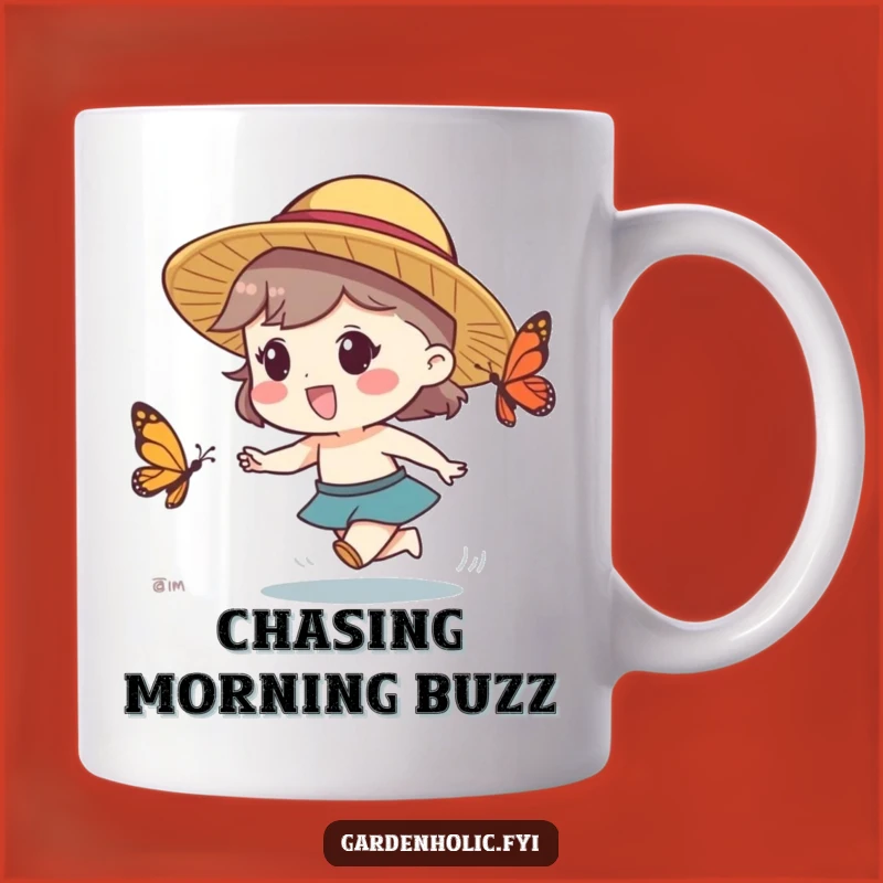 Funny Butterfly Chase Mug - Straw Hat Character, Playful Fun, Perfect Funny Gift!
