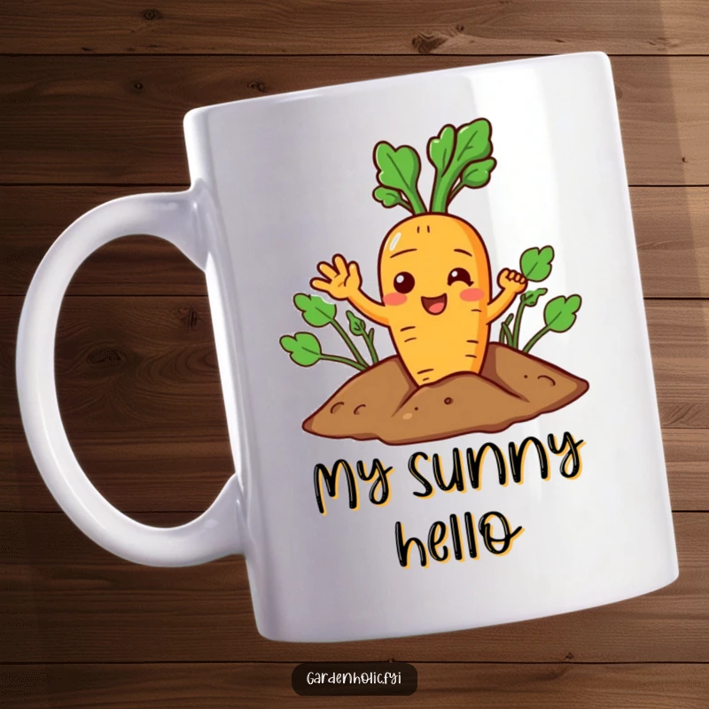 Funny Carrot Mug: A joyful character giving a cheerful wave from the soil, celebrating vegetables.