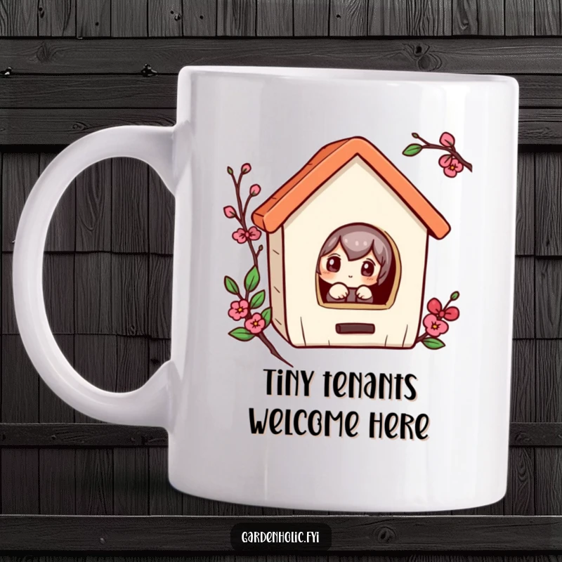 Funny mug featuring a character with a curious expression, peeking into a tiny birdhouse, bringing a smile.