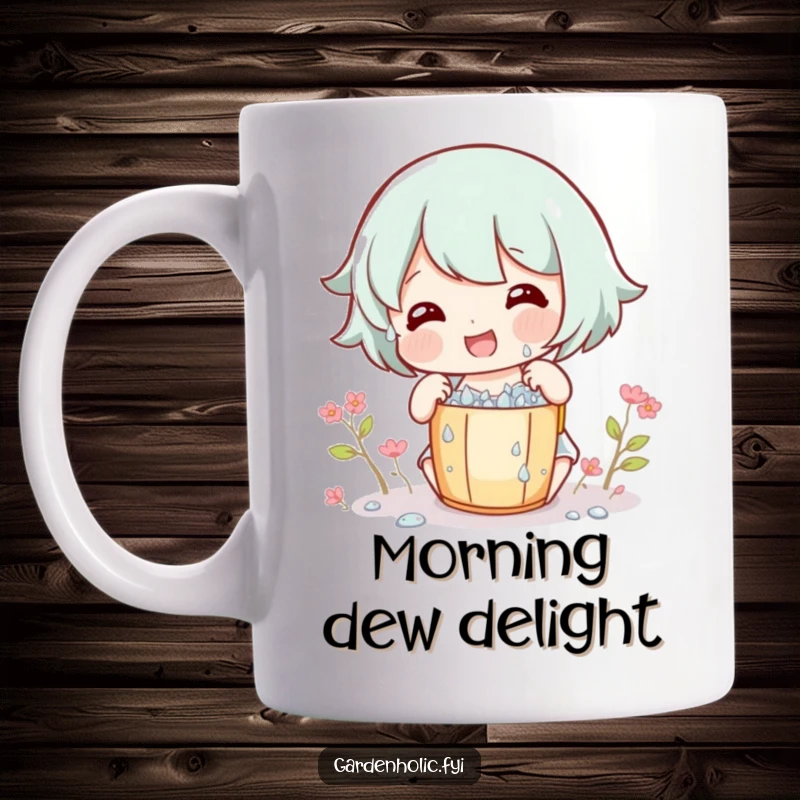 Funny Mug showing a gleeful character happily collecting tiny dew drops in a miniature bucket, appreciating nature.